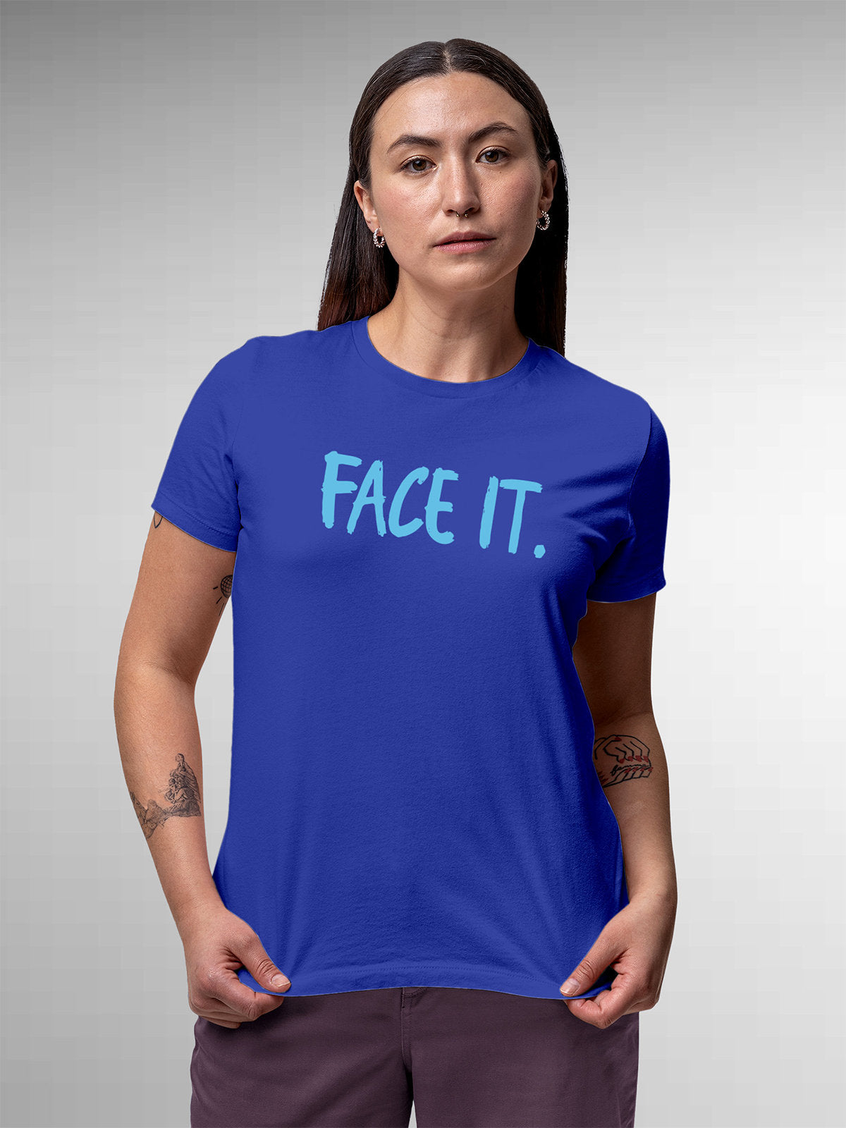 Front view of Fighterhero Women's Blue Round Neck T-shirt, highlighting the motivational design printed on the chest.