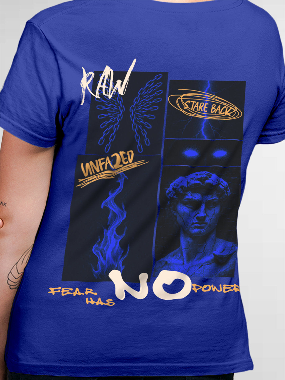 Close up of 'Face The Fear' design on Women's Blue Round Neck T-shirt, highlighting intricate details and vibrant print.