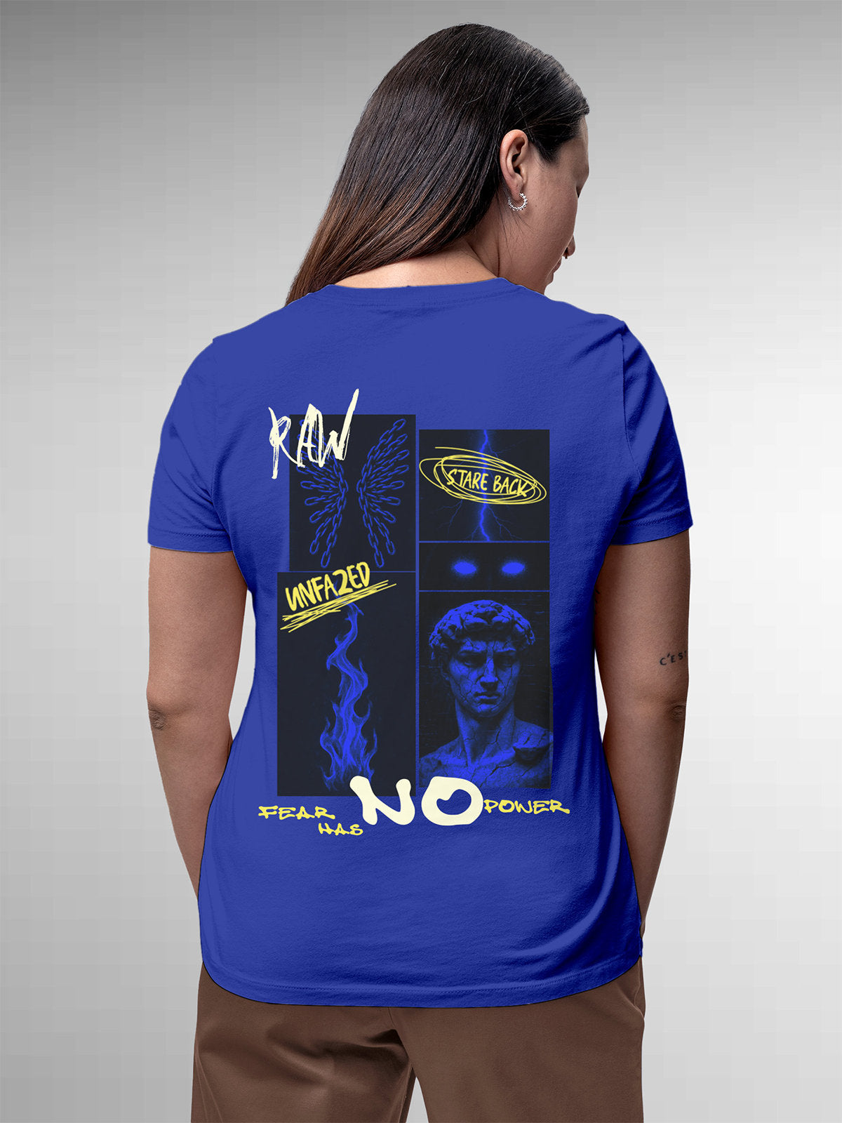 Model wearing Women's Blue Round Neck T-shirt with 'Face The Fear' design, offering effortless style and premium comfort