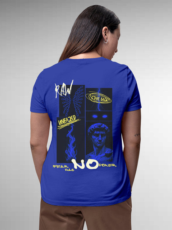 Fighterhero T-shirts: Model wearing Women's Blue Round Neck T-shirt with 'Face The Fear' design