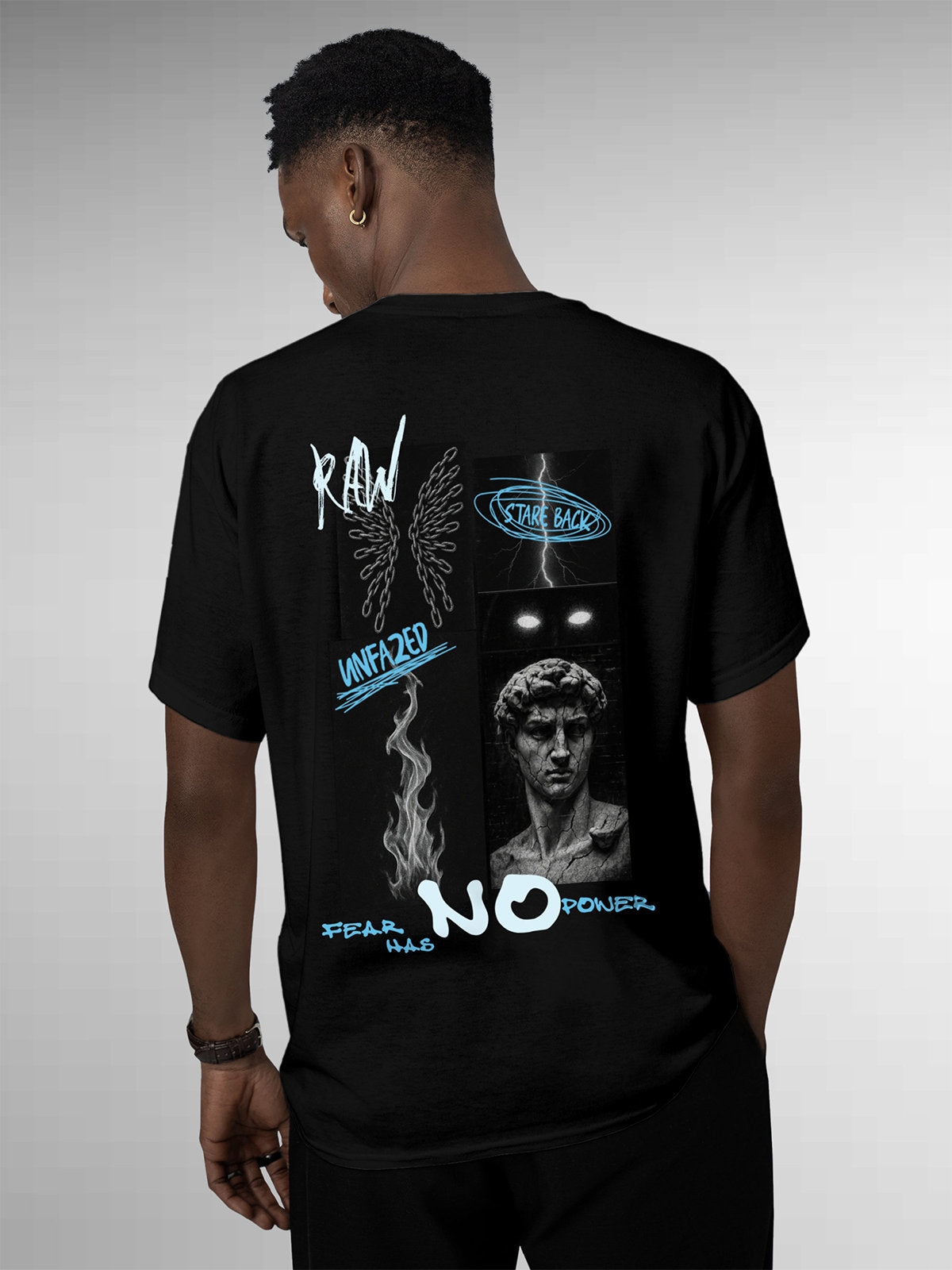 Model wearing Men's Black Round Neck T-shirt with 'Face The Fear' design, offering effortless style and premium comfort