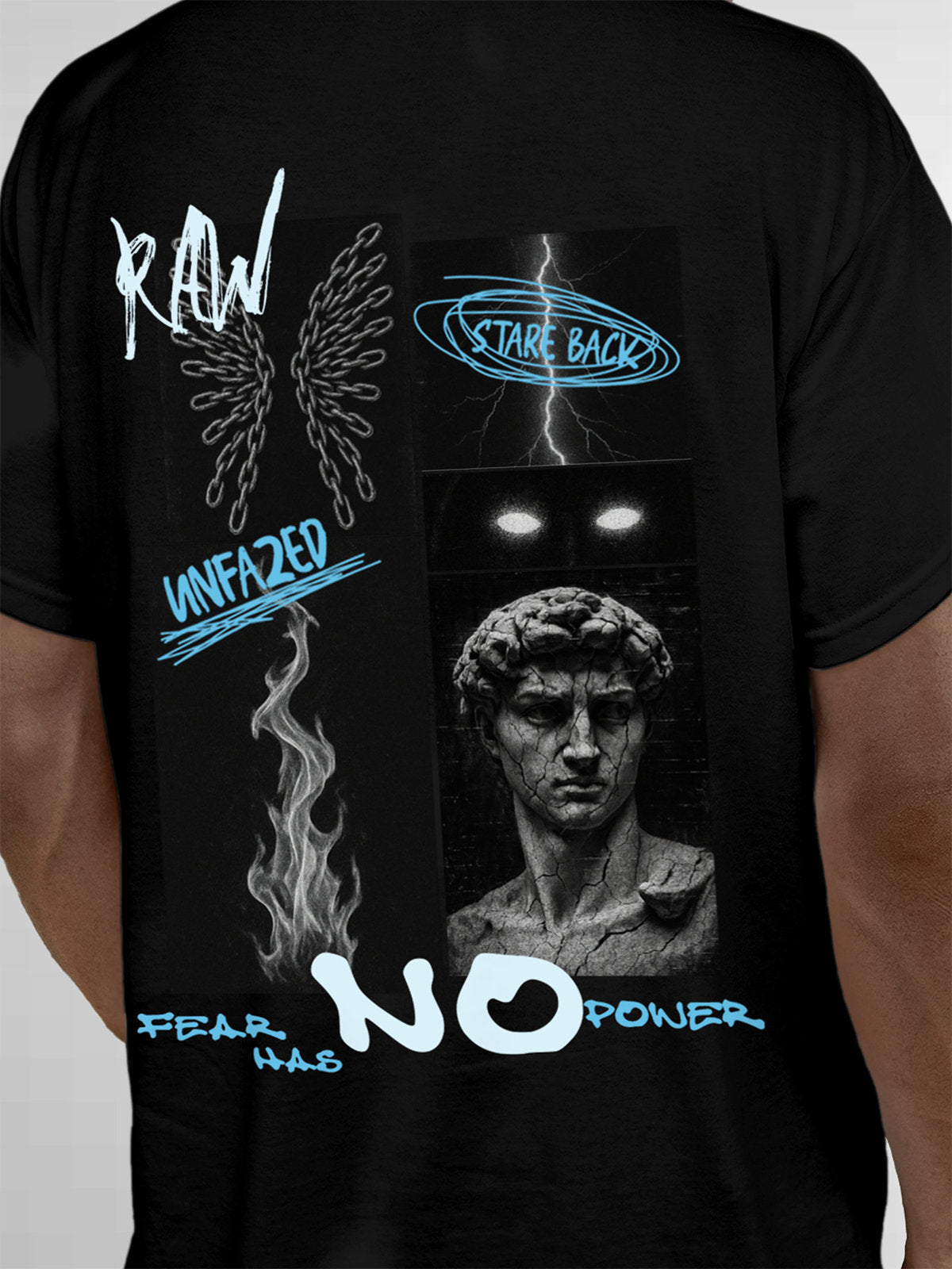 Close up of 'Face The Fear' design on Men's Black Round Neck T-shirt, highlighting intricate details and vibrant print.