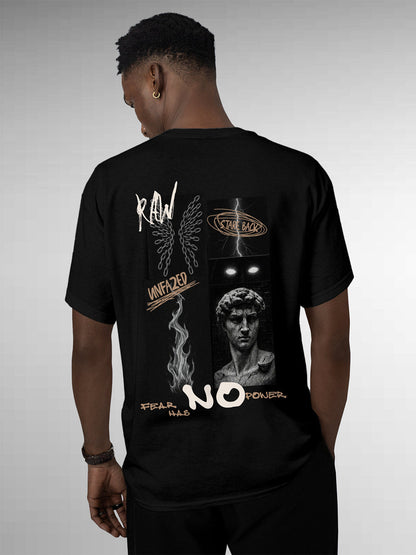 Model wearing Men's Black Round Neck T-shirt with 'Face The Fear' design, offering effortless style and premium comfort
