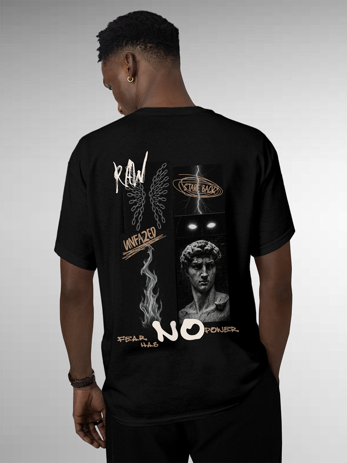 Model wearing Men's Black Round Neck T-shirt with 'Face The Fear' design, offering effortless style and premium comfort