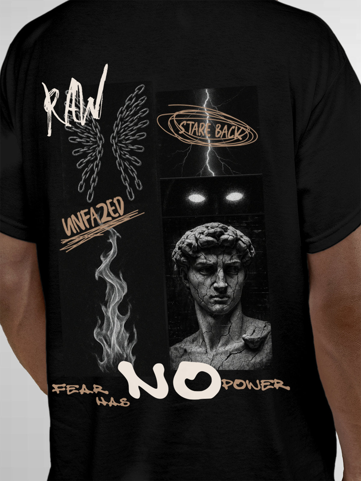 Close up of 'Face The Fear' design on Men's Black Round Neck T-shirt, highlighting intricate details and vibrant print.