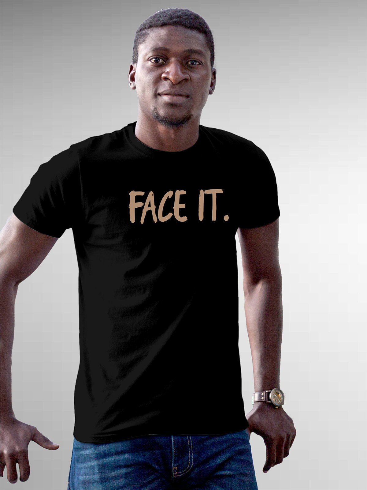 Front view of Fighterhero Men's Black Round Neck T-shirt, highlighting the motivational design printed on the chest.