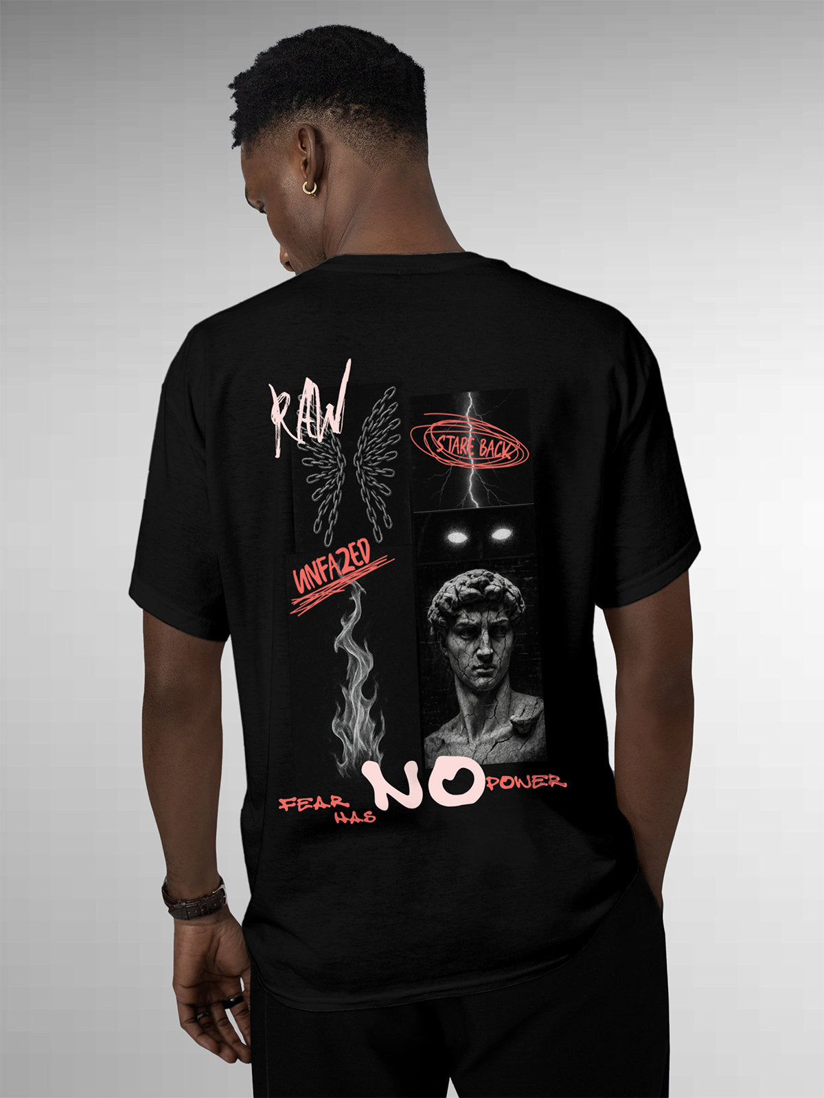 Fighterhero T-shirts: Model wearing Men's Black Round Neck T-shirt with 'Face The Fear' design
