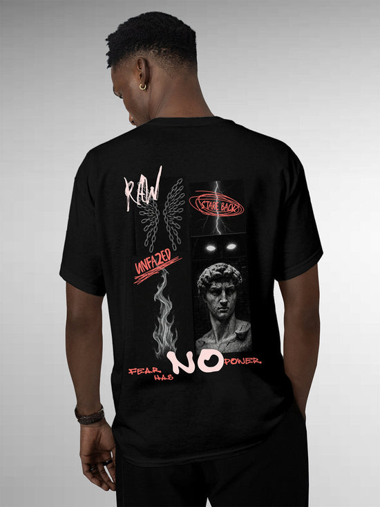 Fighterhero T-shirts: Model wearing Men's Black Round Neck T-shirt with 'Face The Fear' design