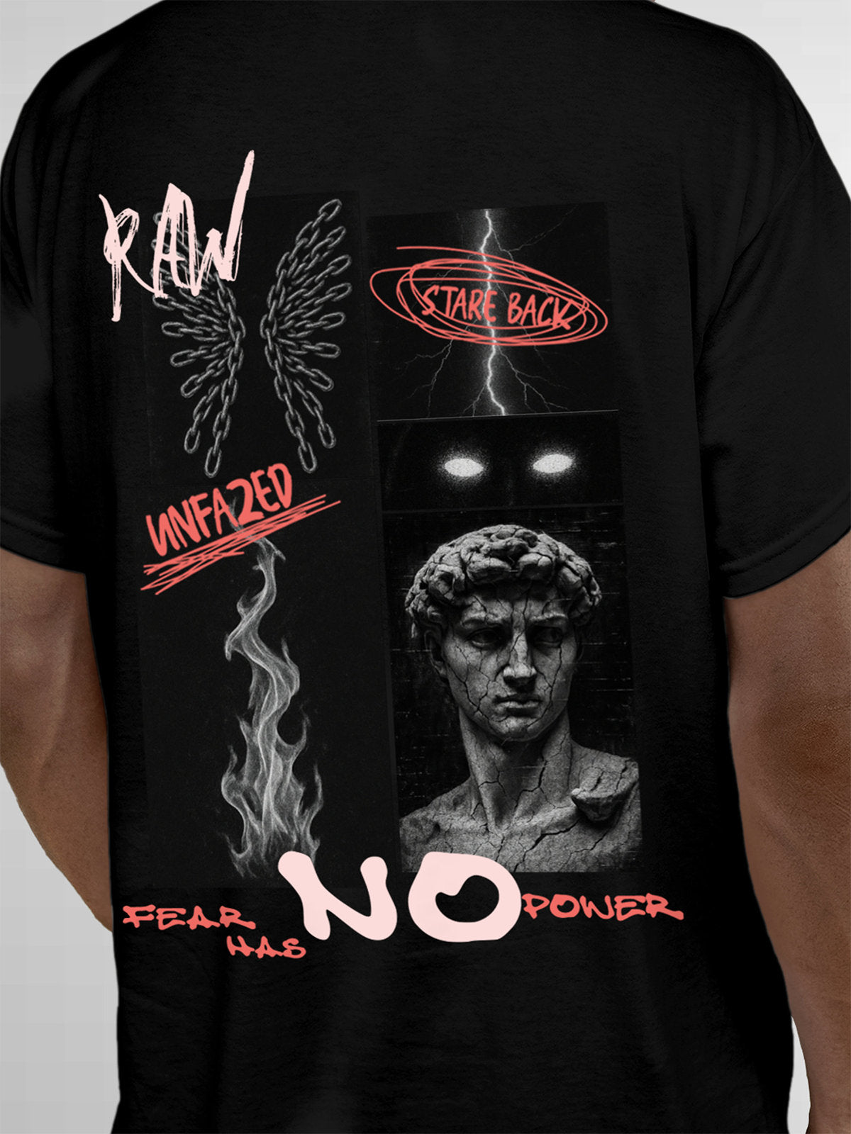 Close up of 'Face The Fear' design on Men's Black Round Neck T-shirt, highlighting intricate details and vibrant print.