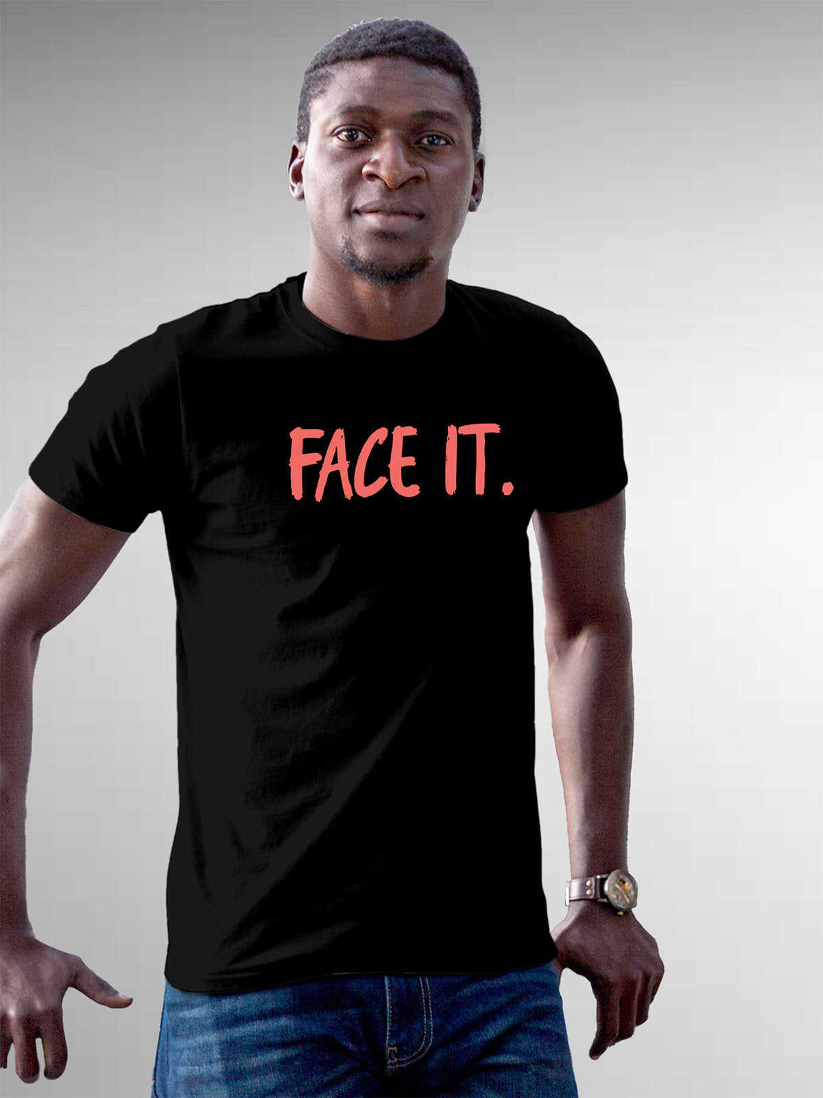 Front view of Fighterhero Men's Black Round Neck T-shirt, highlighting the motivational design printed on the chest.