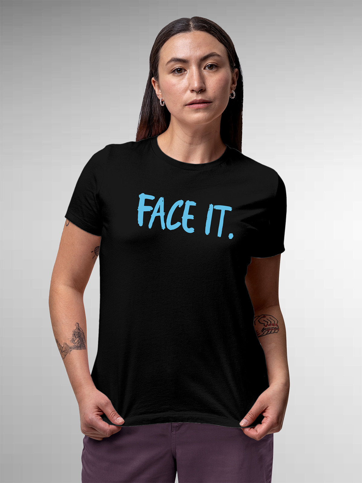 Front view of Fighterhero Women's Black Round Neck T-shirt, highlighting the motivational design printed on the chest.