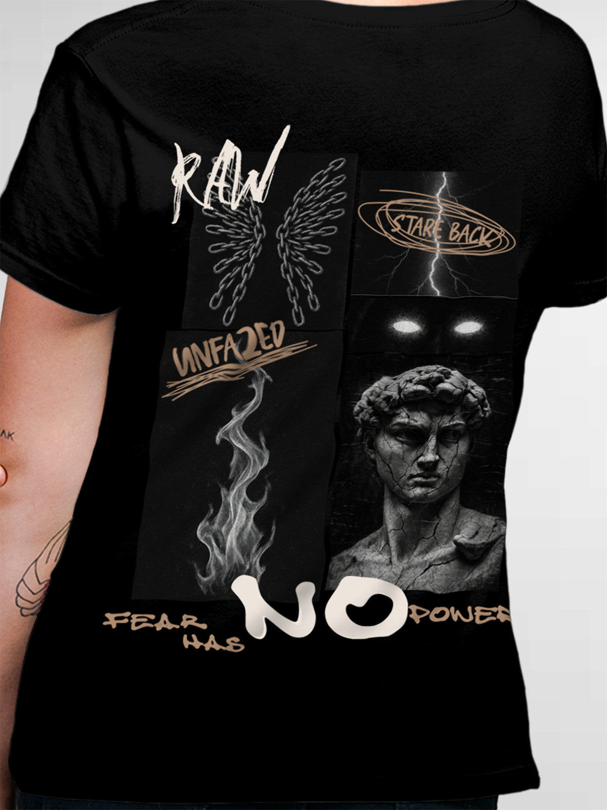 Close up of 'Face The Fear' design on Women's Black Round Neck T-shirt, highlighting intricate details and vibrant print.