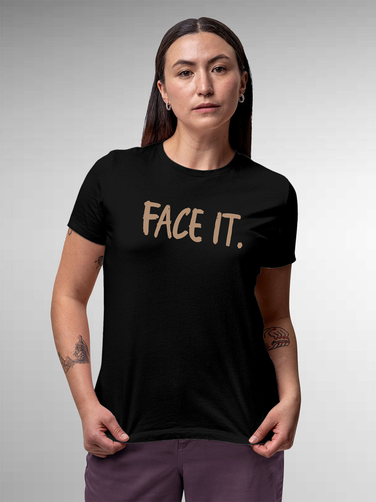 Front view of Fighterhero Women's Black Round Neck T-shirt, highlighting the motivational design printed on the chest.