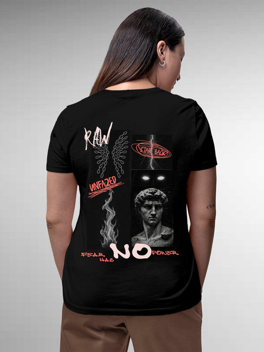 Fighterhero T-shirts: Model wearing Women's Black Round Neck T-shirt with 'Face The Fear' design