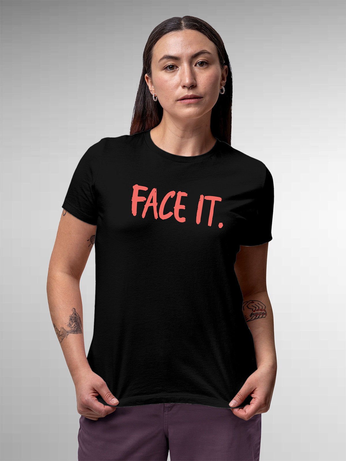Front view of Fighterhero Women's Black Round Neck T-shirt, highlighting the motivational design printed on the chest.