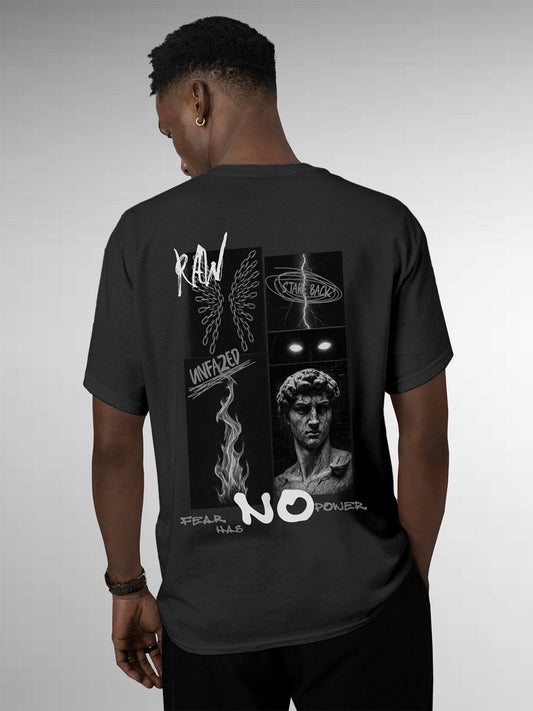 Fighterhero T-shirts: Model wearing Men's Dark Grey Round Neck T-shirt with 'Face The Fear' design
