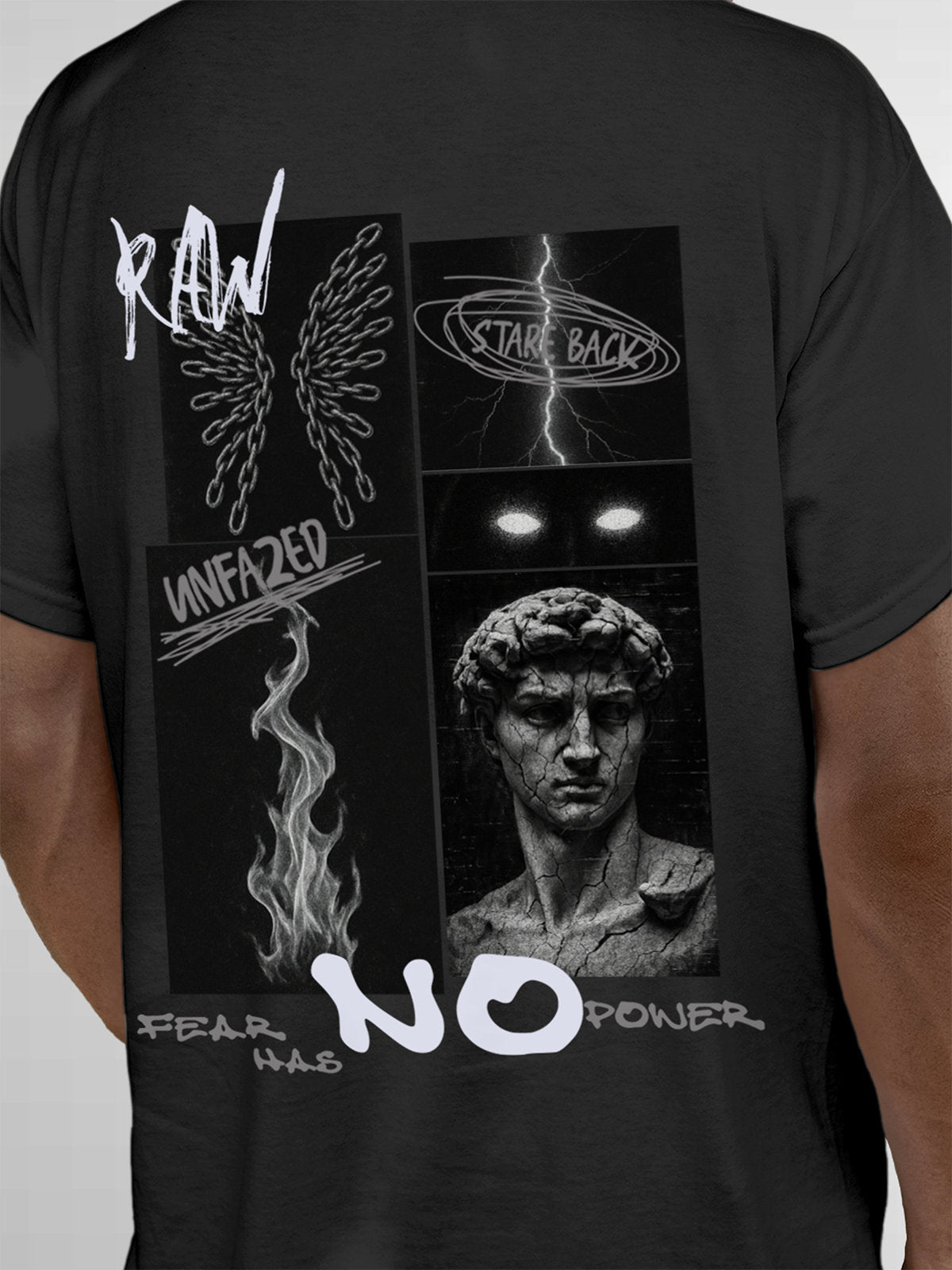 Close up of 'Face The Fear' design on Men's Dark Grey Round Neck T-shirt, highlighting intricate details and vibrant print.