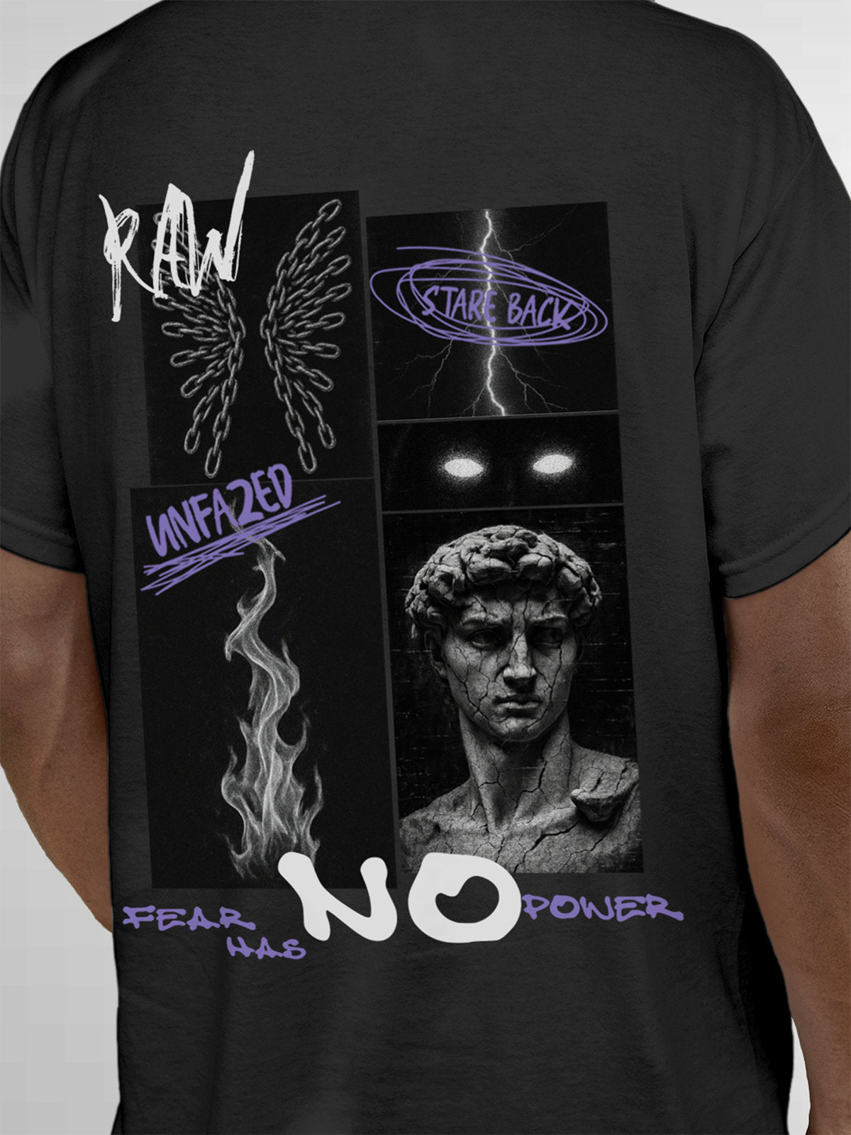 Close up of 'Face The Fear' design on Men's Dark Grey Round Neck T-shirt, highlighting intricate details and vibrant print.