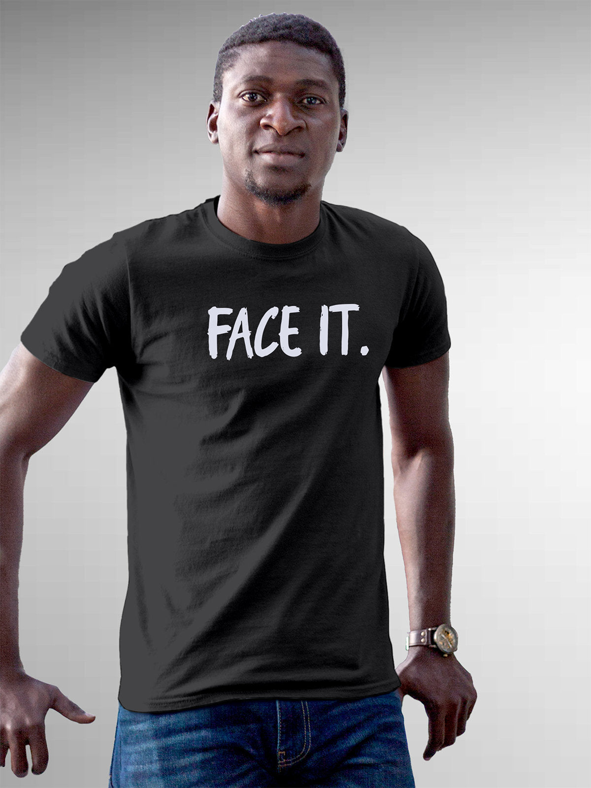 Front view of Fighterhero Men's Dark Grey Round Neck T-shirt, highlighting the motivational design printed on the chest.