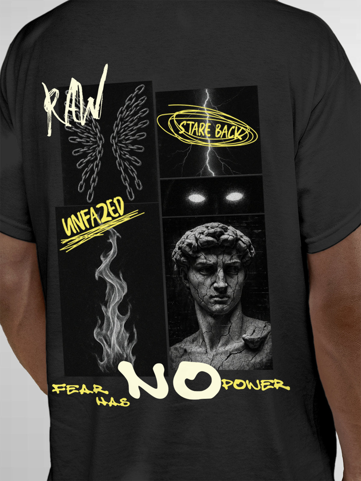 Close up of 'Face The Fear' design on Men's Dark Grey Round Neck T-shirt, highlighting intricate details and vibrant print.