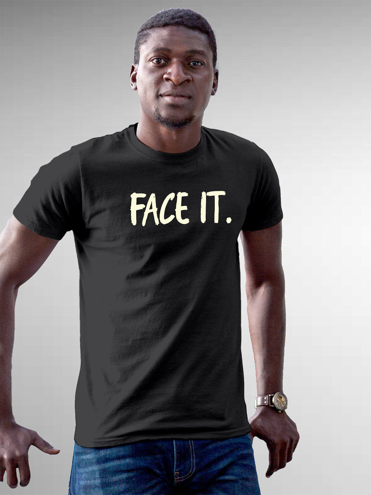 Front view of Fighterhero Men's Dark Grey Round Neck T-shirt, highlighting the motivational design printed on the chest.