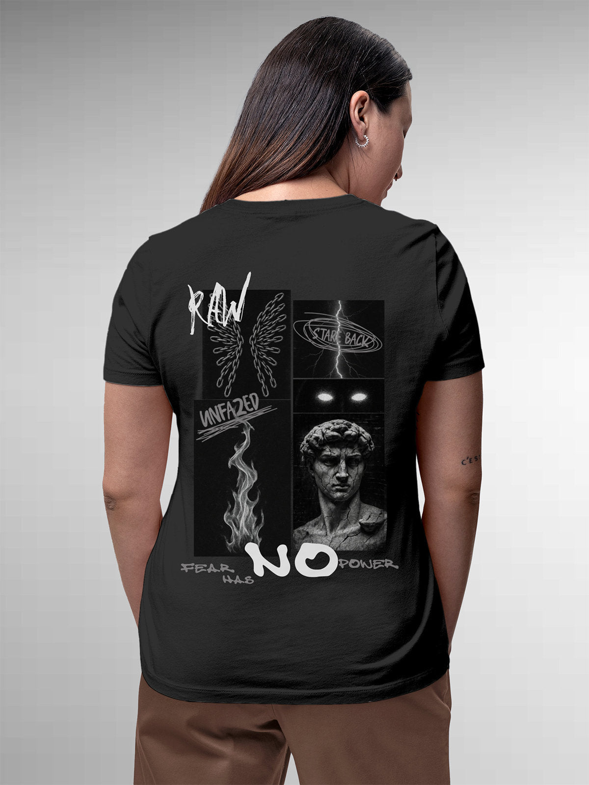 Fighterhero T-shirts: Model wearing Women's Dark Grey Round Neck T-shirt with 'Face The Fear' design