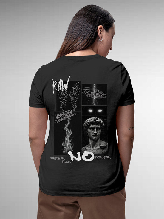 Fighterhero T-shirts: Model wearing Women's Dark Grey Round Neck T-shirt with 'Face The Fear' design
