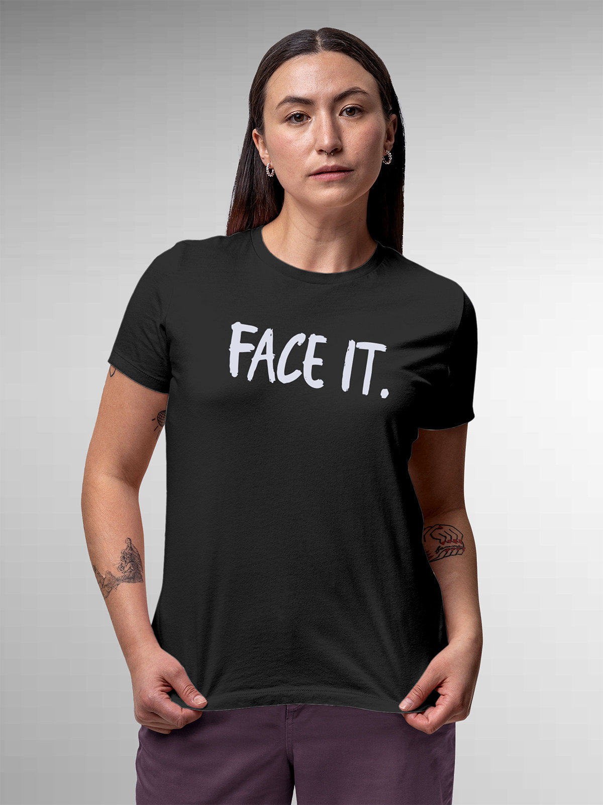 Front view of Fighterhero Women's Dark Grey Round Neck T-shirt, highlighting the motivational design printed on the chest.