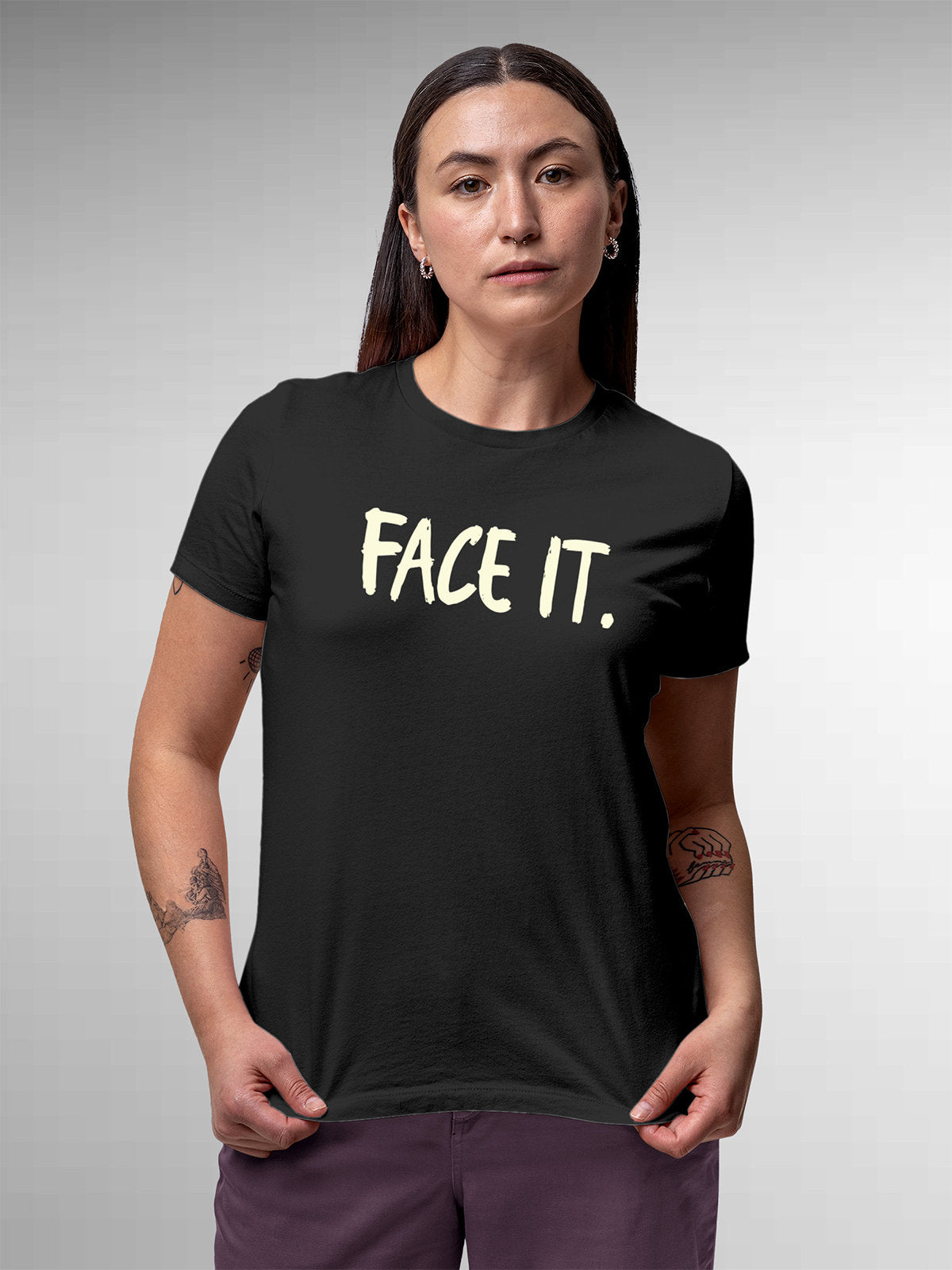 Front view of Fighterhero Women's Dark Grey Round Neck T-shirt, highlighting the motivational design printed on the chest.