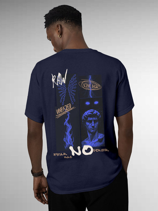 Fighterhero T-shirts: Model wearing Men's Navy Blue Round Neck T-shirt with 'Face The Fear' design