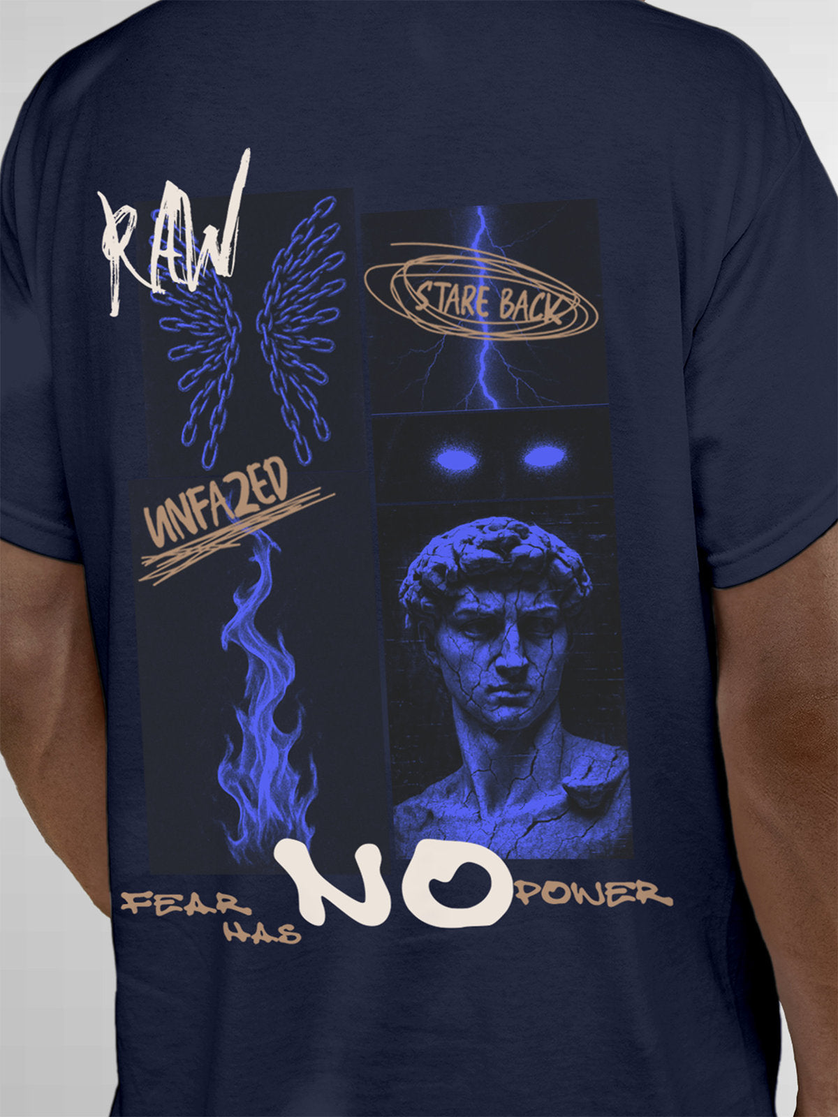 Close up of 'Face The Fear' design on Men's Navy Blue Round Neck T-shirt, highlighting intricate details and vibrant print.