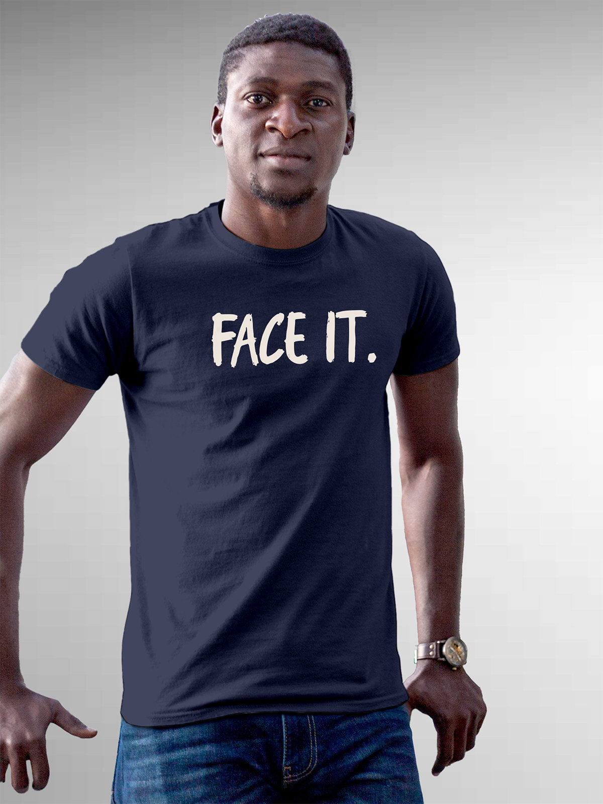 Front view of Fighterhero Men's Navy Blue Round Neck T-shirt, highlighting the motivational design printed on the chest.