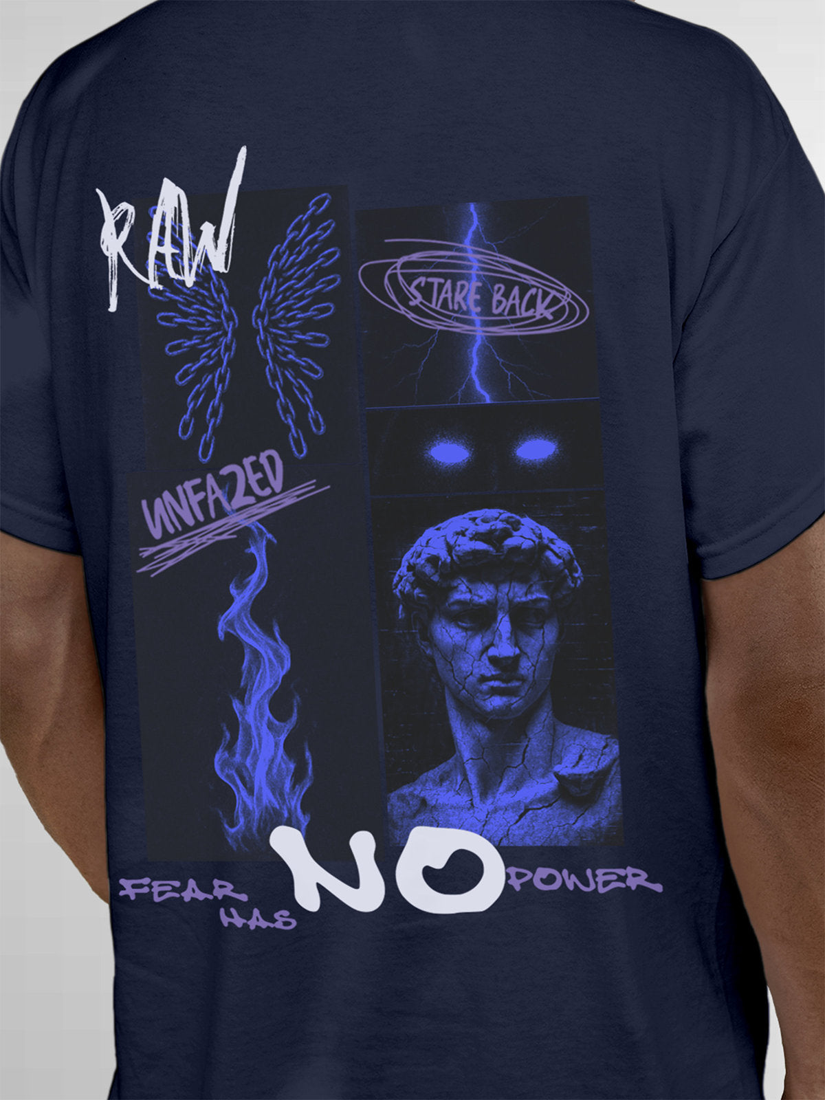 Close up of 'Face The Fear' design on Men's Navy Blue Round Neck T-shirt, highlighting intricate details and vibrant print.