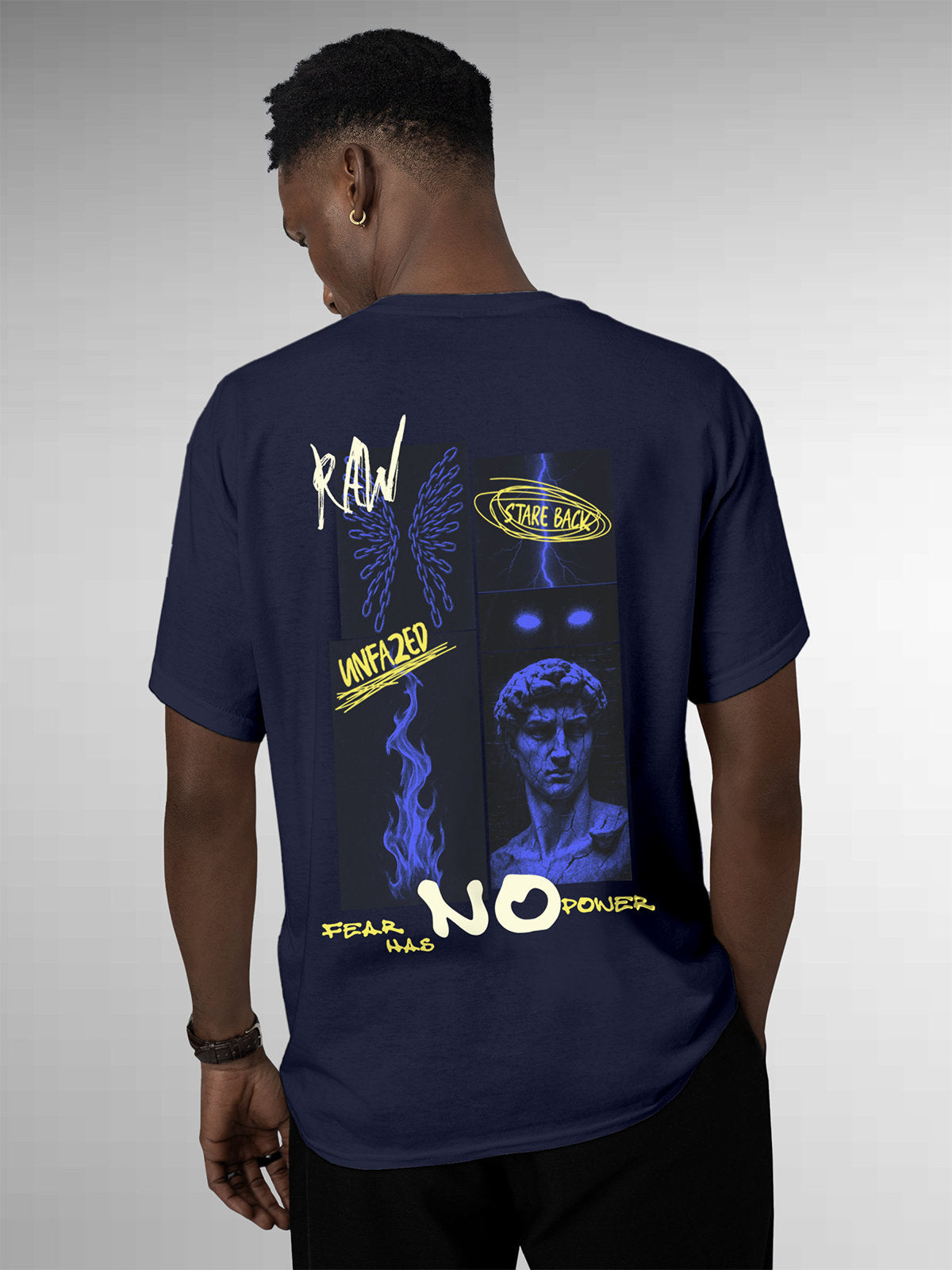 Model wearing Men's Navy Blue Round Neck T-shirt with 'Face The Fear' design, offering effortless style and premium comfort
