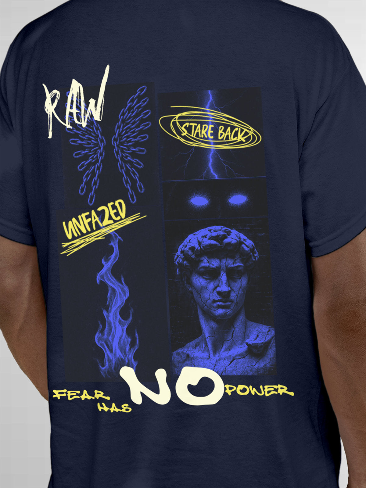 Close up of 'Face The Fear' design on Men's Navy Blue Round Neck T-shirt, highlighting intricate details and vibrant print.