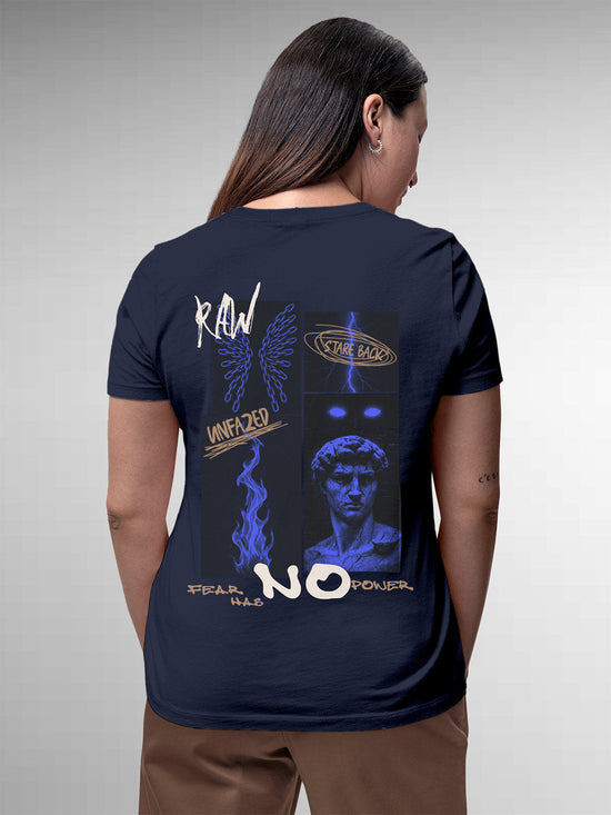 Fighterhero T-shirts: Model wearing Women's Navy Blue Round Neck T-shirt with 'Face The Fear' design