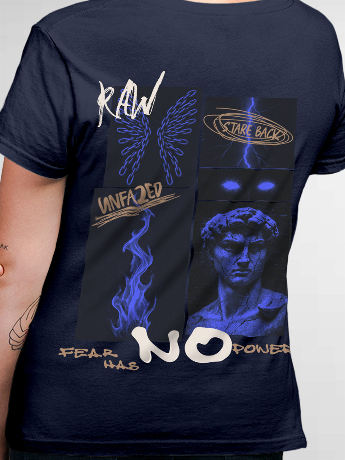 Close up of 'Face The Fear' design on Women's Navy Blue Round Neck T-shirt, highlighting intricate details and vibrant print.