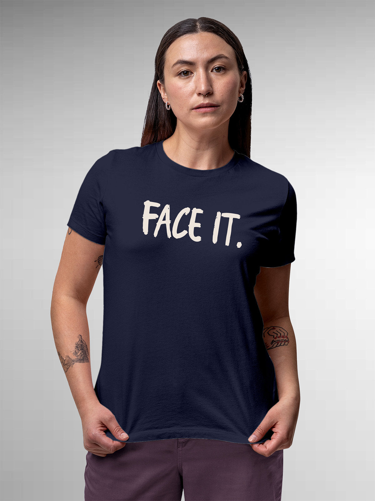 Front view of Fighterhero Women's Navy Blue Round Neck T-shirt, highlighting the motivational design printed on the chest.