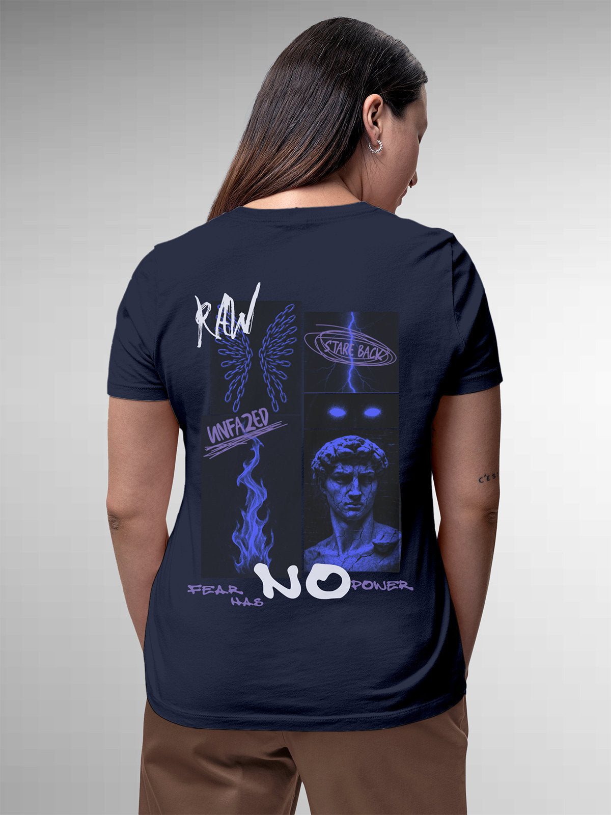 Model wearing Women's Navy Blue Round Neck T-shirt with 'Face The Fear' design, offering effortless style and premium comfort