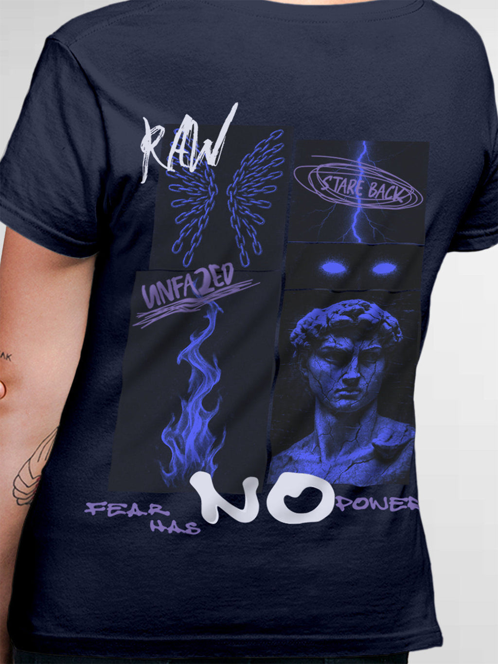 Close up of 'Face The Fear' design on Women's Navy Blue Round Neck T-shirt, highlighting intricate details and vibrant print.