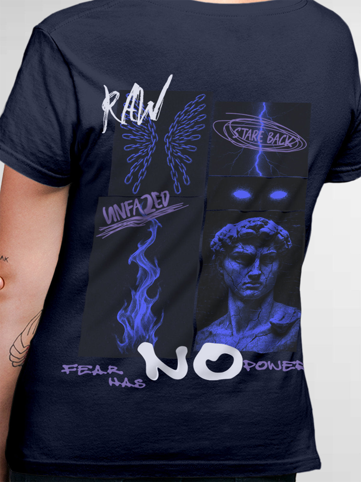 Close up of 'Face The Fear' design on Women's Navy Blue Round Neck T-shirt, highlighting intricate details and vibrant print.