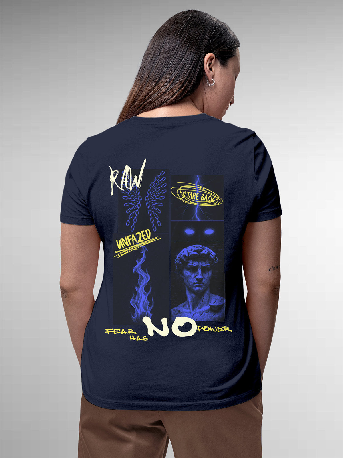 Model wearing Women's Navy Blue Round Neck T-shirt with 'Face The Fear' design, offering effortless style and premium comfort