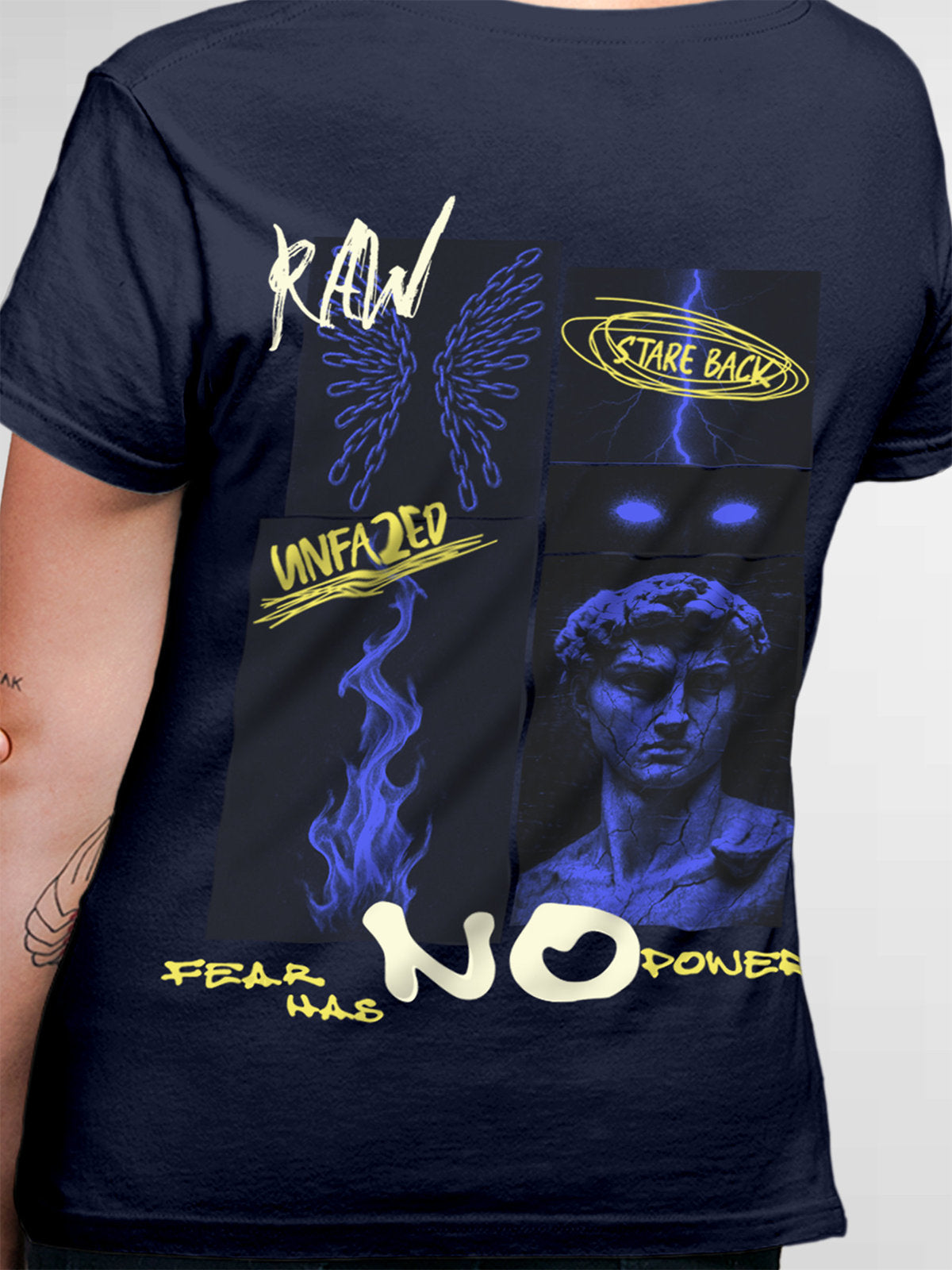 Close up of 'Face The Fear' design on Women's Navy Blue Round Neck T-shirt, highlighting intricate details and vibrant print.