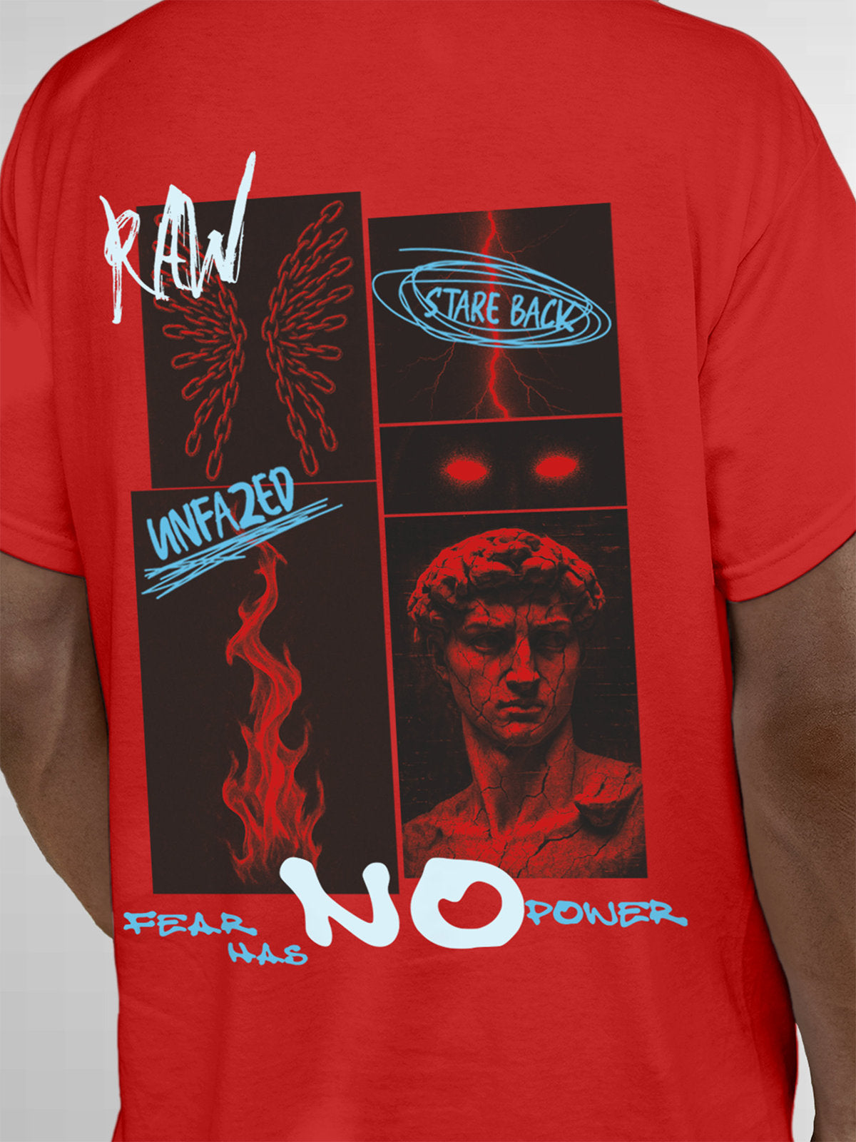 Close up of 'Face The Fear' design on Men's Red Round Neck T-shirt, highlighting intricate details and vibrant print.