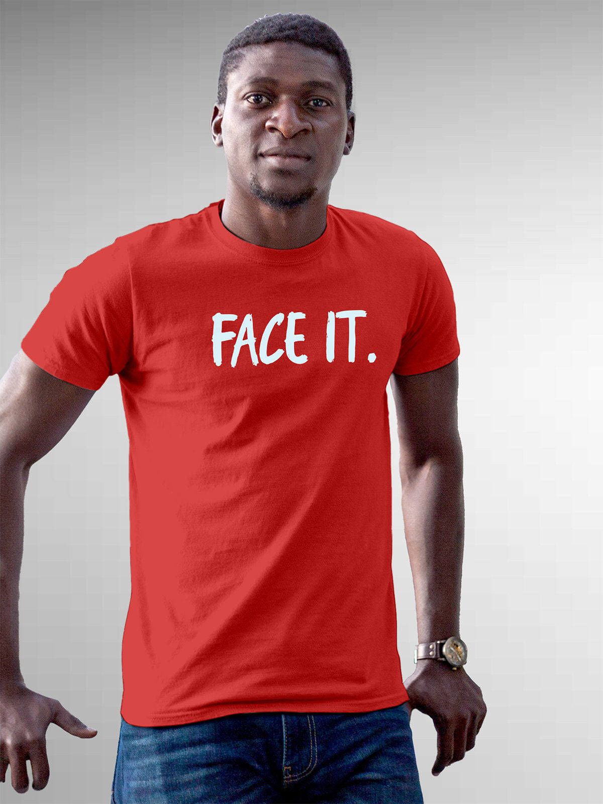 Front view of Fighterhero Men's Red Round Neck T-shirt, highlighting the motivational design printed on the chest.