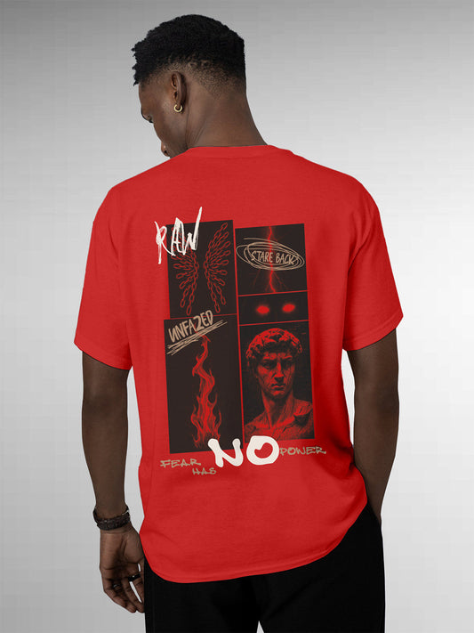 Model wearing Men's Red Round Neck T-shirt with 'Face The Fear' design, offering effortless style and premium comfort