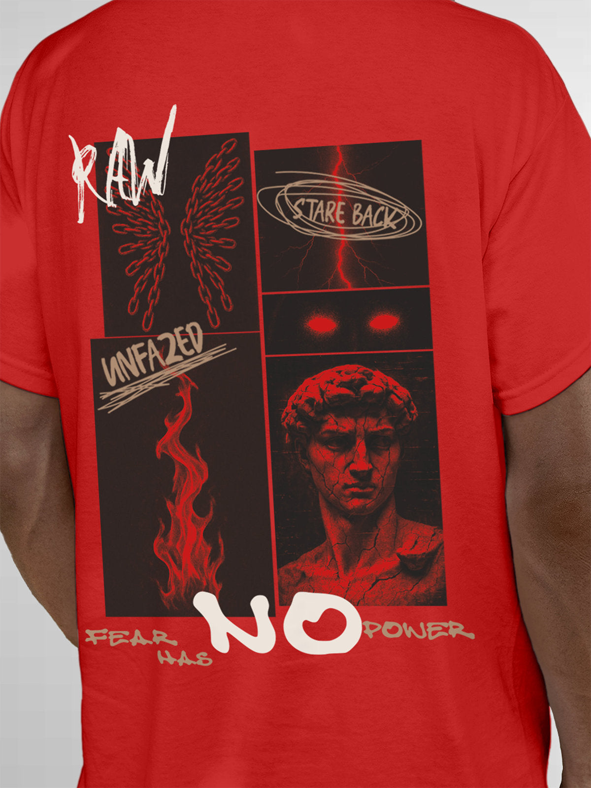 Close up of 'Face The Fear' design on Men's Red Round Neck T-shirt, highlighting intricate details and vibrant print.