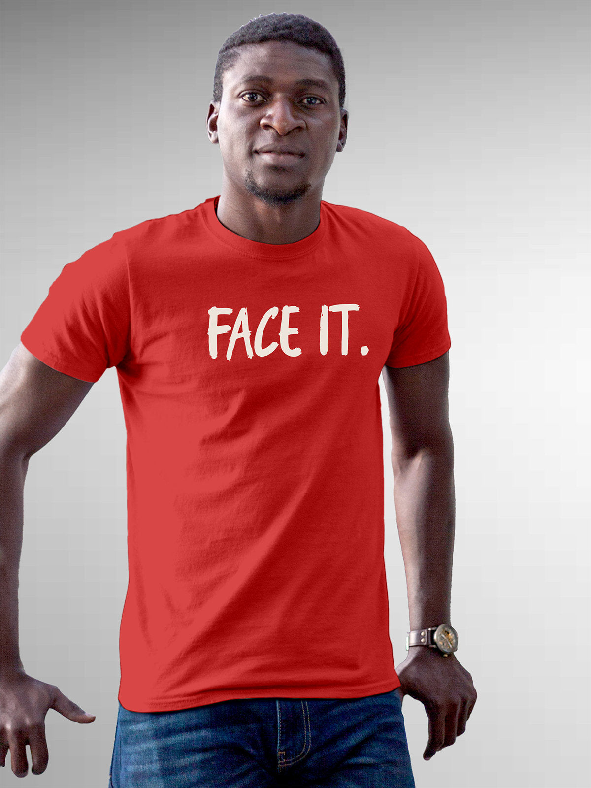 Front view of Fighterhero Men's Red Round Neck T-shirt, highlighting the motivational design printed on the chest.