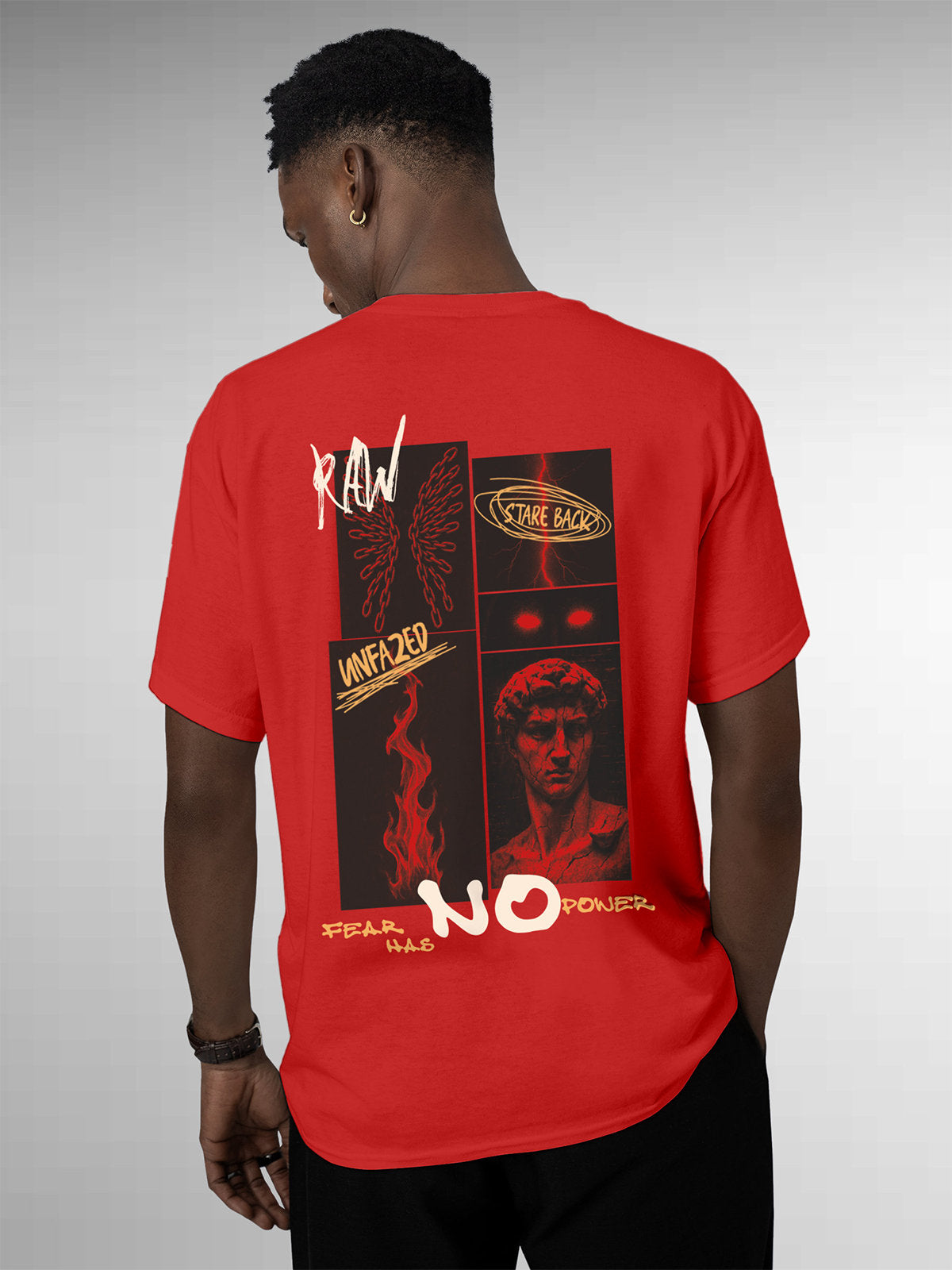 Fighterhero T-shirts: Model wearing Men's Red Round Neck T-shirt with 'Face The Fear' design