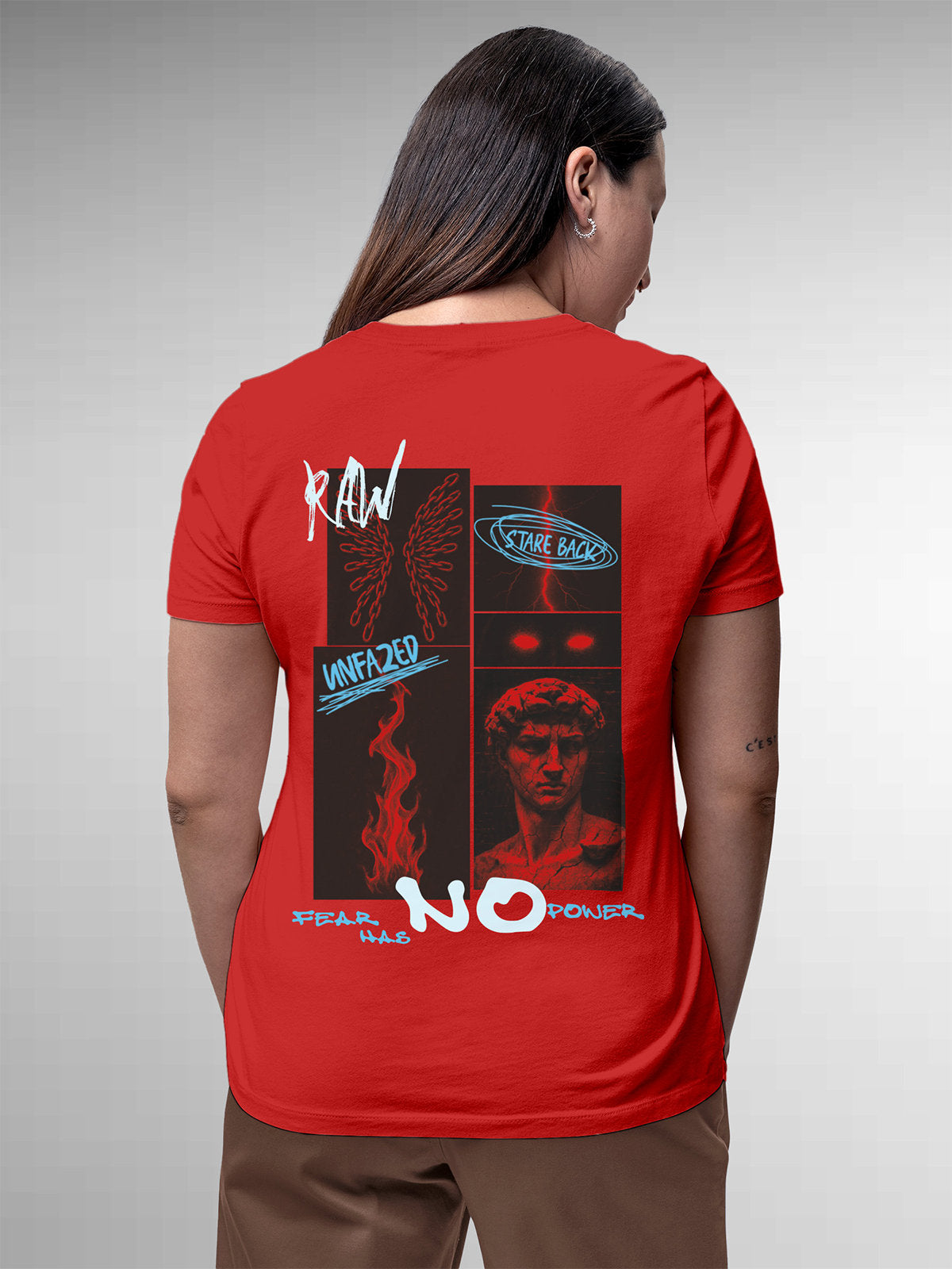Model wearing Women's Red Round Neck T-shirt with 'Face The Fear' design, offering effortless style and premium comfort